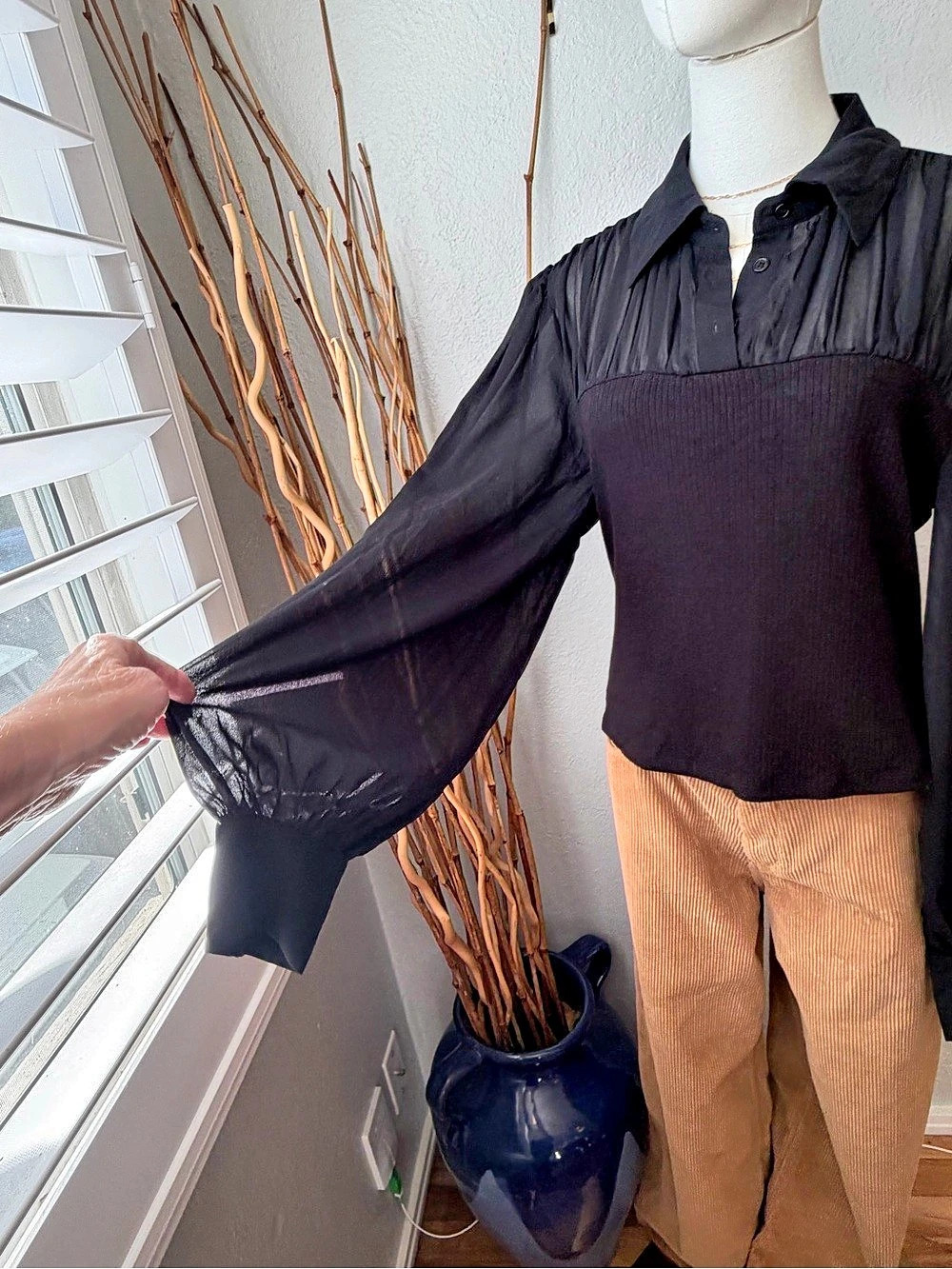 COMMENSE~ Sheer Long Sleeve UPPER Blouse Ribbed Bodice in Black XL NWT